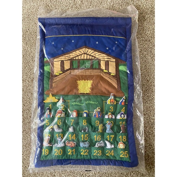 Pockets of Learning Fabric Peace on Earth Nativity Manger Advent Calendar 17×27 - Picture 1 of 3